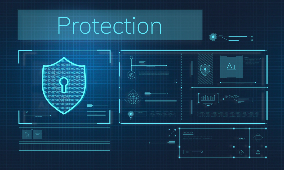 A graphical interface with the word 'Protection' above a shield with a keyhole in the middle