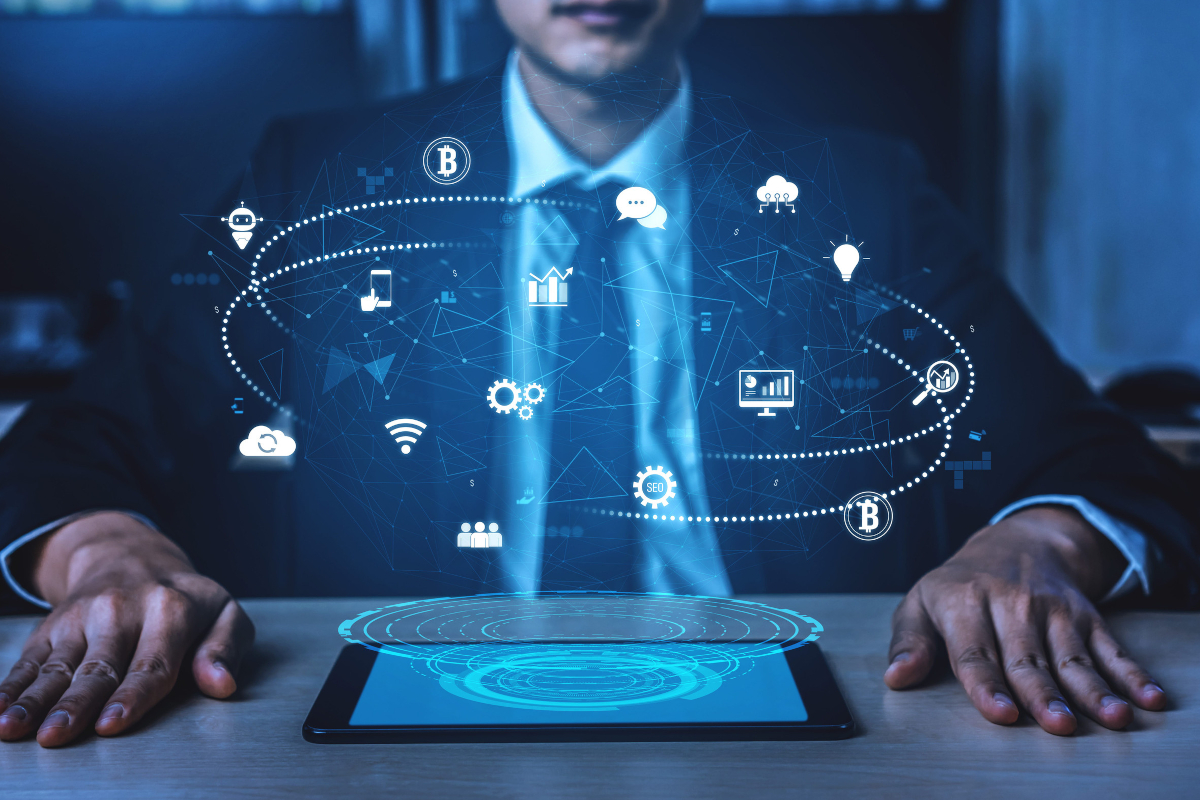 Man working with digital business ecosystem.