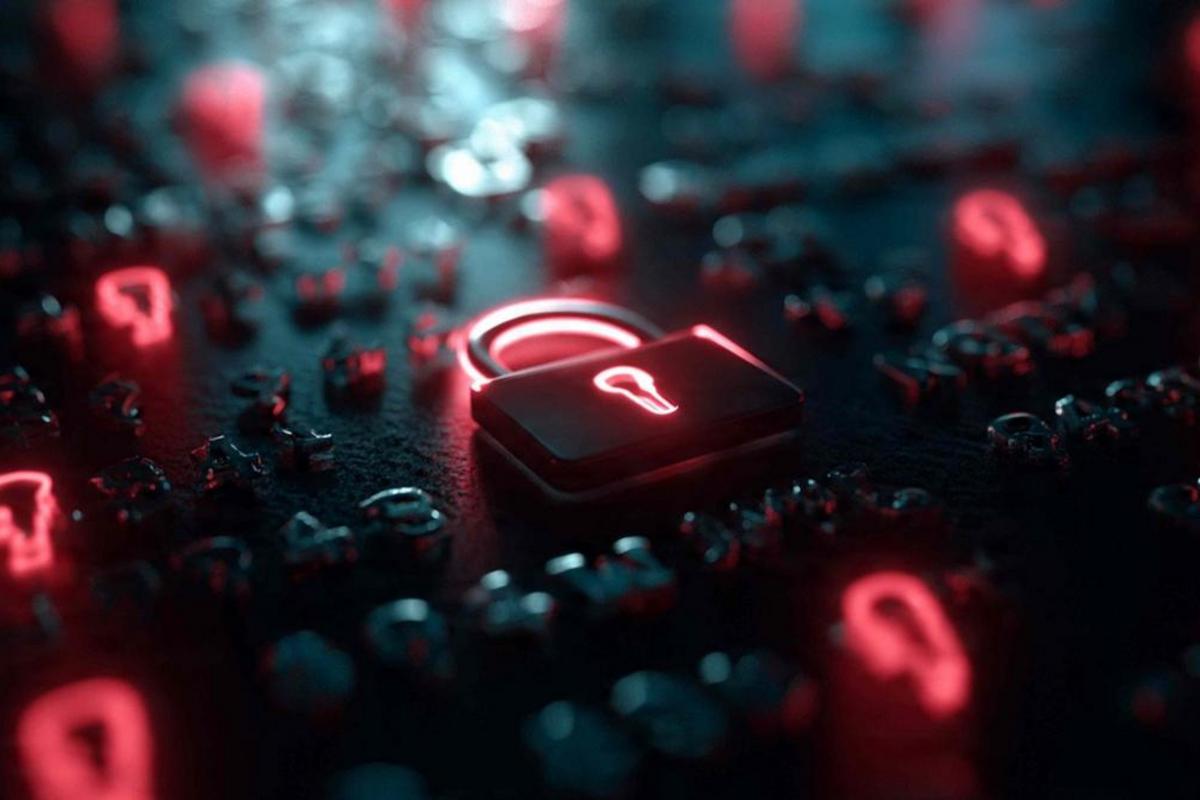 Red glowing padlock among dark circuit board components.